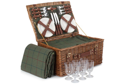 6 Person Green Tweed Classic Picnic Hamper Front and Side View