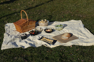 Picnic basket in use on a Sunny day, complete with delicious food and drink