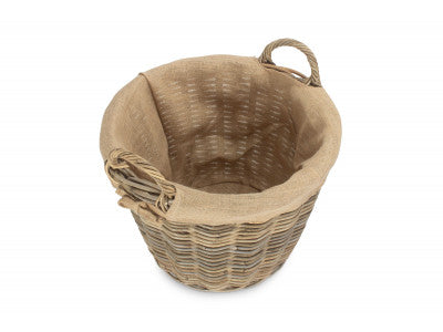 Round Grey Rattan Log Basket with Hessian Lining