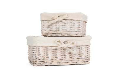 White Wash Finish Willow Tray With Lining Set 2 Stacked