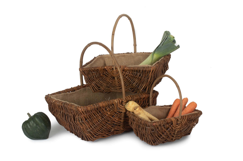 Rectangular Unpeeled Willow Garden Trug With Hessian Lining Set of 3 Stacked