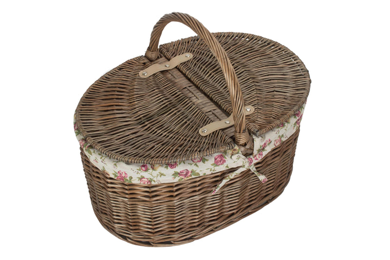 Deep Antique Wash Oval Picnic Basket Garden Rose Top