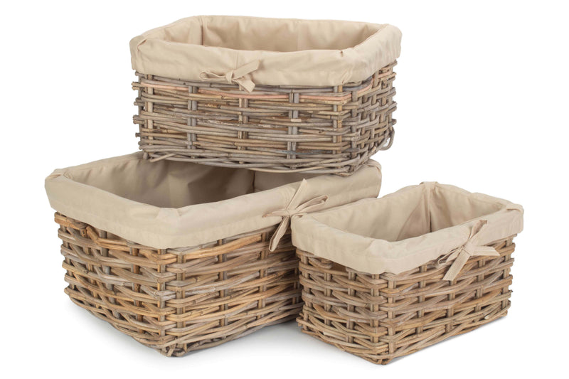 Rectangular Cordura Lined Grey Rattan Storage Basket