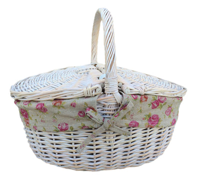 White Wash Finish Oval Picnic Basket Garden Rose