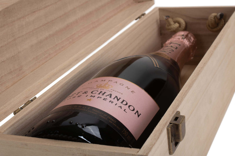 Single Bottle Hinged Lid Wooden Box Close Champagne Detail