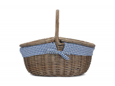 Antique Wash Finish Oval Picnic Basket with Blue & White Checked Lining