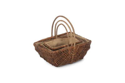 Rectangular Unpeeled Willow Garden Trug With Hessian Lining Set of 3 Stacked