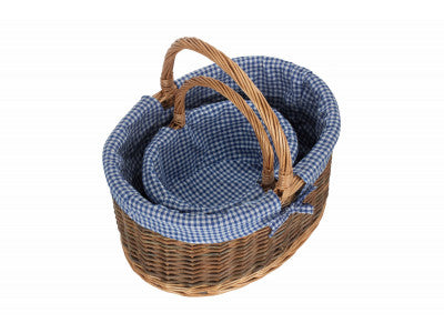 Country Oval Shopper with Blue & White Checked Lining Set of 2