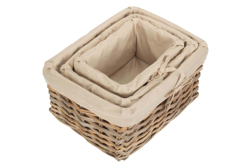 Rectangular Cordura Lined Grey Rattan Storage Basket Set of 3 inside