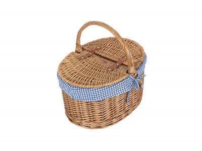 Light Steamed Oval Lidded Hamper with Blue & White Checked Lining