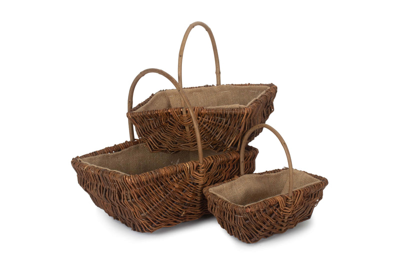 Rectangular Unpeeled Willow Garden Trug With Hessian Lining Stack of 3 Empty