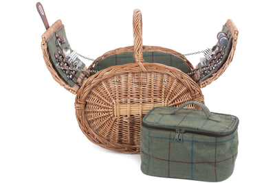 Oval 4 Person Green Tweed Hamper Side Contents