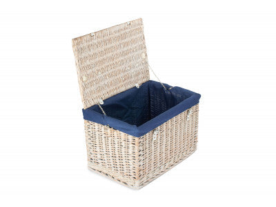 24" White Wash Chest Hamper with Navy Blue Lining