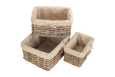 Rectangular Cordura Lined Grey Rattan Storage Basket Set of 3