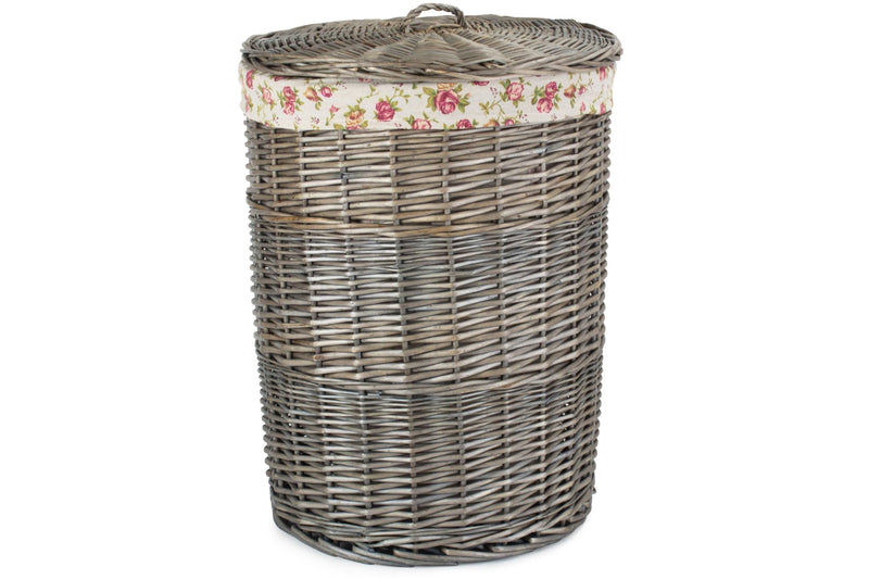 Antique Wash Round Linen Basket Large With Rose Garden Liner