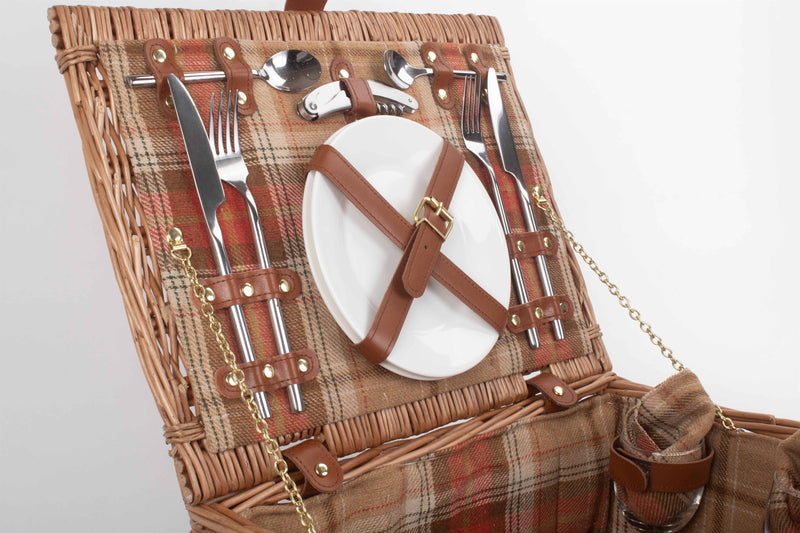 Autumn Red Tartan Picnic Hamper Small Open