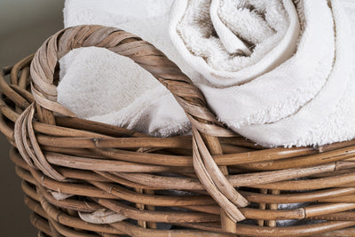 Round Grey Rattan Log Basket Detail with Towels