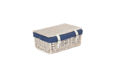 14 Inch White-Washed Empty Wicker Hamper Basket Blue Closed