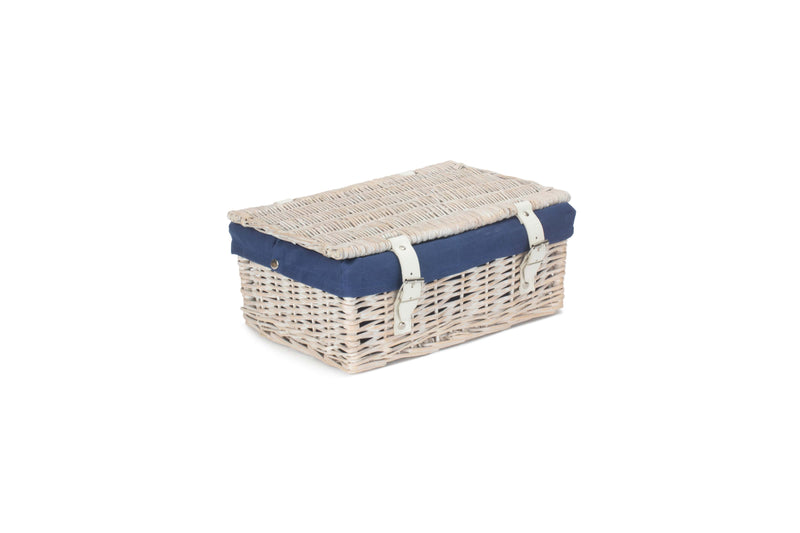 14 Inch White-Washed Empty Wicker Hamper Basket Blue Closed