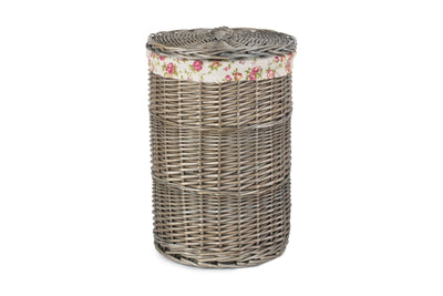 Antique Wash Round Linen Basket With Rose Garden Liner