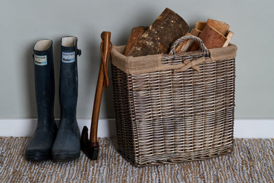 Antique Wash Slim Hallway Basket with hessian lining filled with Fire wood