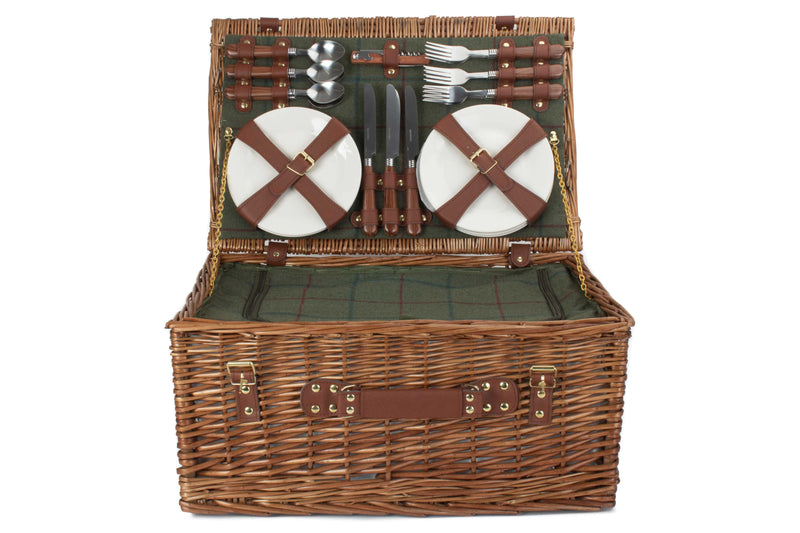 6 Person Green Tweed Classic Picnic Hamper Front