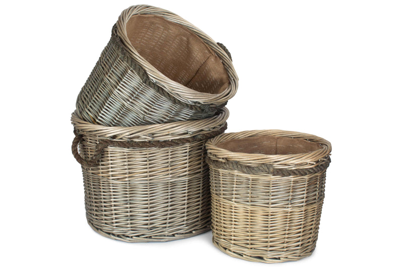 Antique Wash Round Rope Handled Basket Set Of 3 Stacked