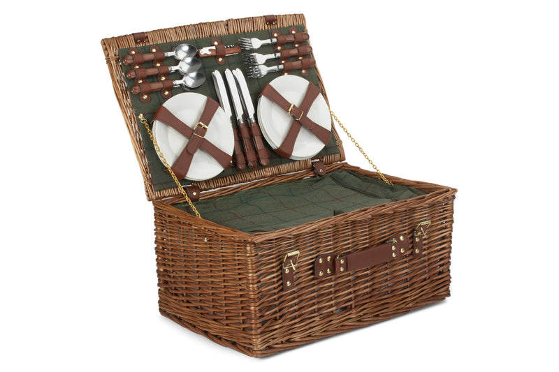 6 Person Green Tweed Classic Picnic Hamper Full View