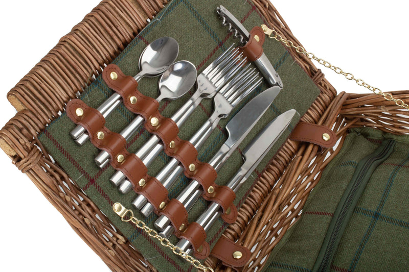 Elegant Tweed Fitted Hamper Green Cutlery Detail