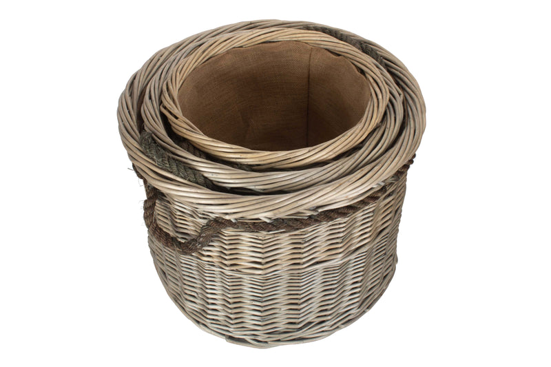 Antique Wash Round Rope Handled Basket Set Of 3 Fully Stacked