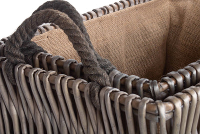 Grey Rectangular Log Basket Rope Handle Detail