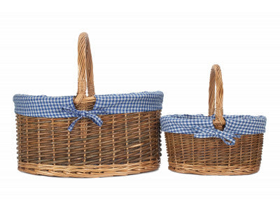 Country Oval Shopper with Blue & White Checked Lining Set of 2