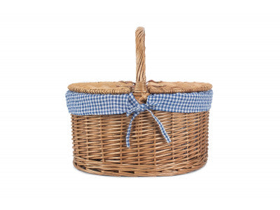 Light Steamed Oval Lidded Hamper with Blue & White Checked Lining