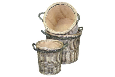 Antique Wash Round Rope Handled Basket Set Of 3 Stacked