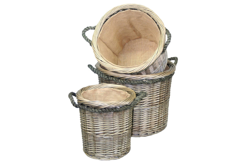 Antique Wash Round Rope Handled Basket Set Of 3 Stacked