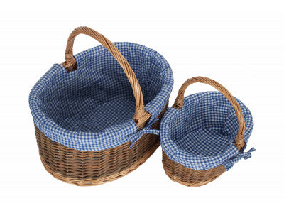 Country Oval Shopper with Blue & White Checked Lining Set of 2