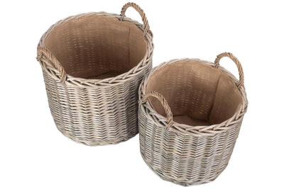 Round Lined Straight-Sided Wicker Log/ Storage Basket Pair