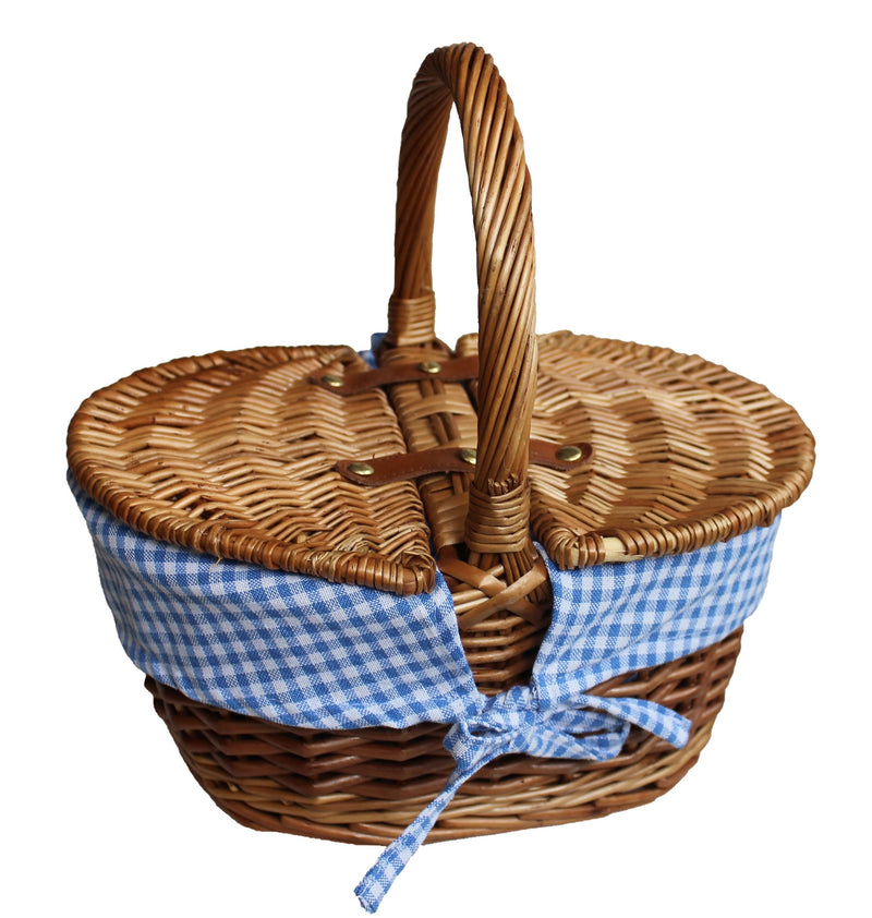 Light Steamed Oval Lidded Hamper Blue Checked