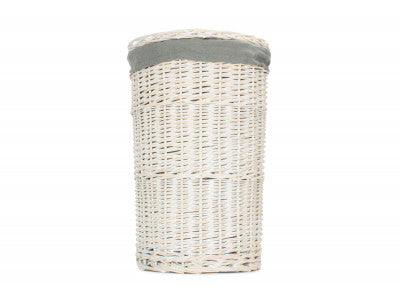 Small Round White Wash Laundry Hamper with Grey Sage Lining