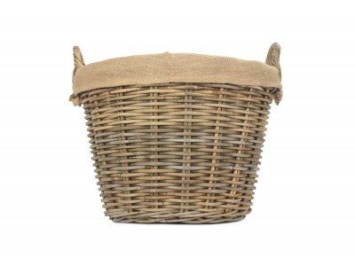 Round Grey Rattan Log Basket with Hessian Lining