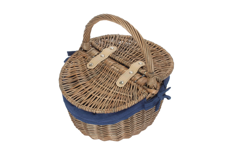 Small Antique Wash Finish Oval Picnic Basket Blue Liner Top