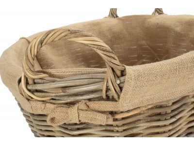 Round Grey Rattan Log Basket with Hessian Lining