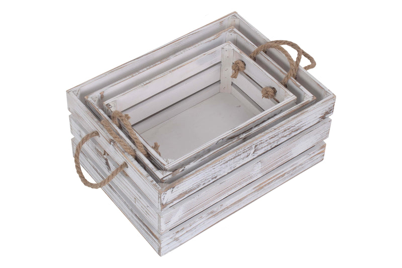 Distressed White Rope Handled Crate Set 3 Detail