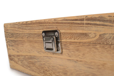 Three Bottle Oak Effect Wooden Box Clasp Detail