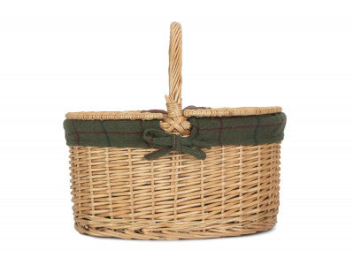 Buff Oval Picnic Basket with Green Tweed Lining