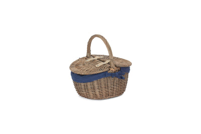 Small Antique Wash Finish Oval Picnic Basket Blue Liner