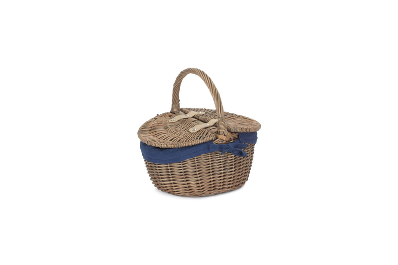 Small Antique Wash Finish Oval Picnic Basket Blue Liner