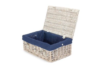 14 Inch White-Washed Empty Wicker Hamper Basket Blue Open