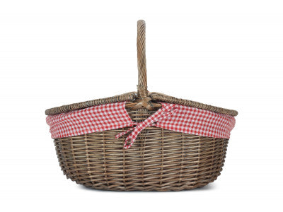 Antique Wash Finish Oval Picnic with Red & White Checked Lining