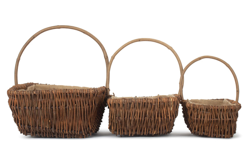 Rectangular Unpeeled Willow Garden Trug With Hessian Lining Set of 3 Size Comparison